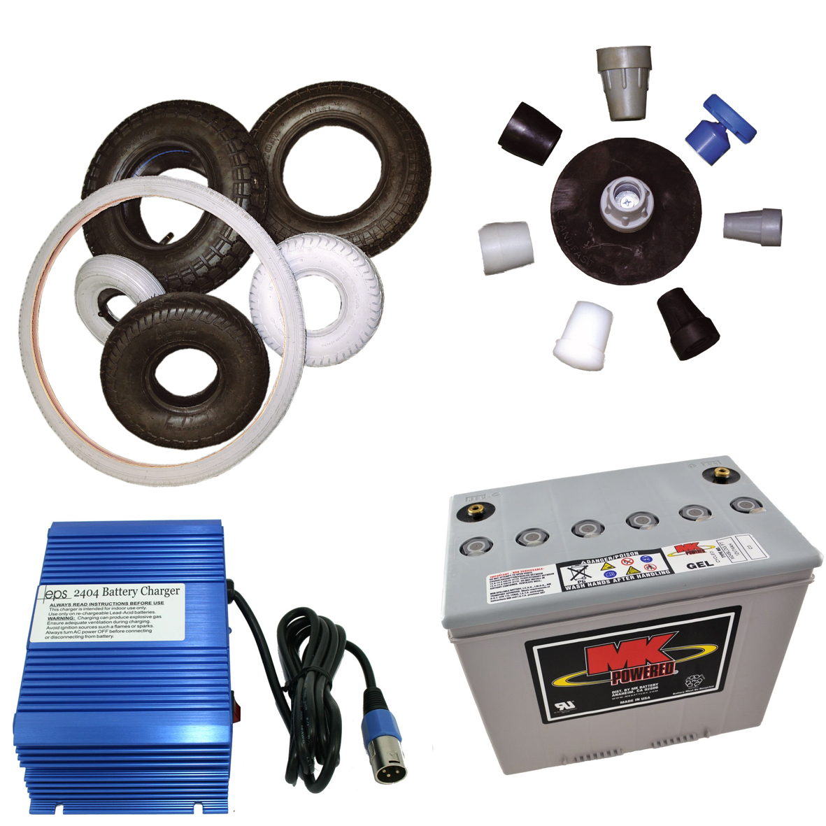 A variety of spare parts including battery, charger and types