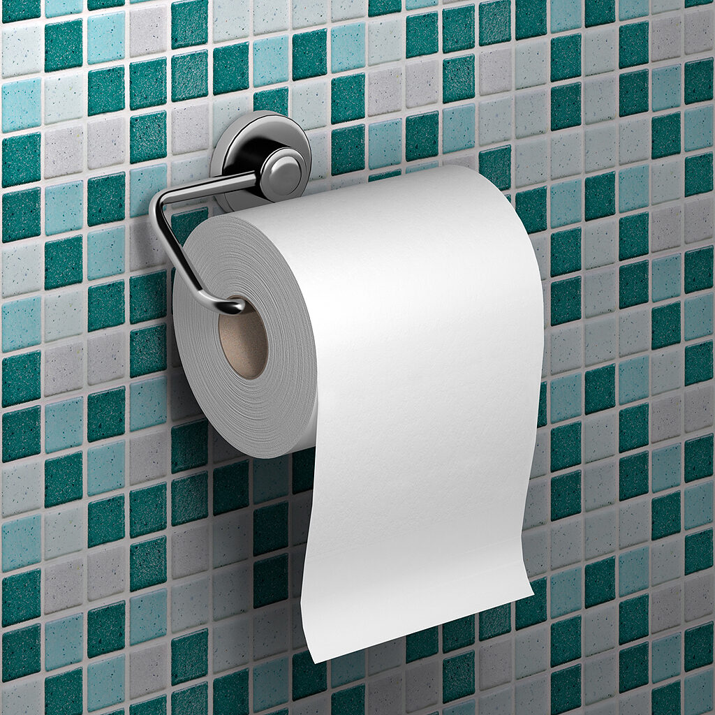 A toilet roll and holder on a tiled wall